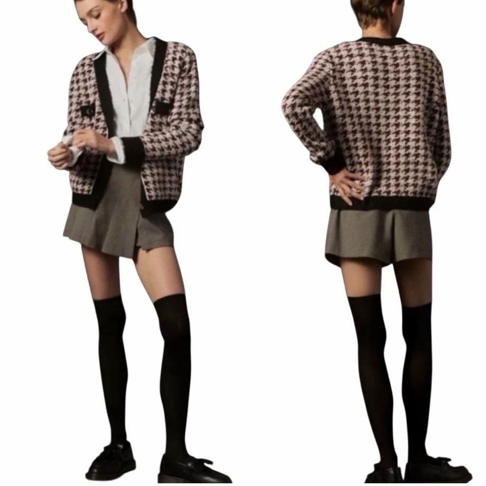 Anthropologie Maeve Chunky Soft Knit Houndstooth Cardigan Gold Hardware  Size S - Picture 3 of 8